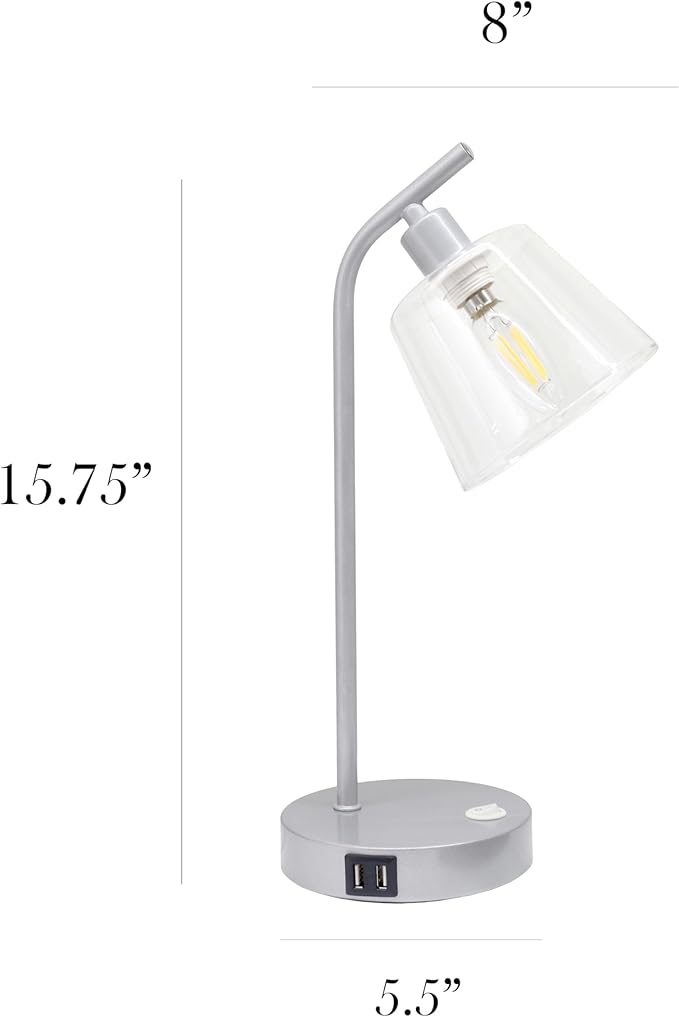 Simple Designs LD1074-SLV 15.75" Sleek Essentials Modern Industrial Metal Desk Lamp with Clear Glass Shade and Dual USB Ports, for Office, Desk, Nightstand, Dorm, Silver