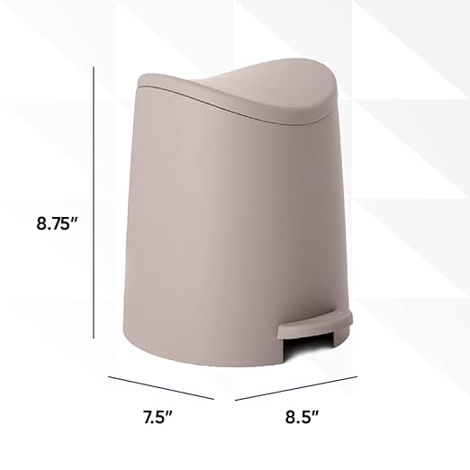 Superio MIni Plastic Bathroom Trash Can with Lid 3 Liter Taupe Modern Curved Step On Trash Can with Foot Pedal, Mini Kitchen Waste Bin, Durable and Soft Close for Bedroom, Office, Under Desk