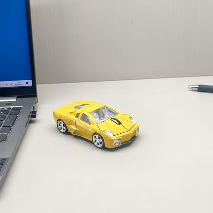 Wireless Sports Car Shaped Mouse Computer Mice Optical 2.4GHz with Headlight 1600DPI for PC Laptop MAC (Yellow)