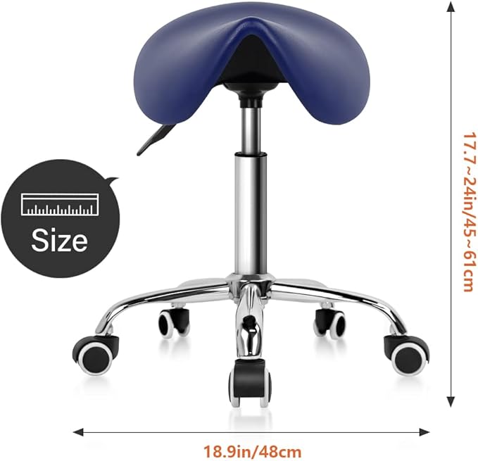 KKTONER Rolling Saddle Stool PU Leather Swivel Adjustable Rolling Stool with Wheels Salon Chair (Blue)
