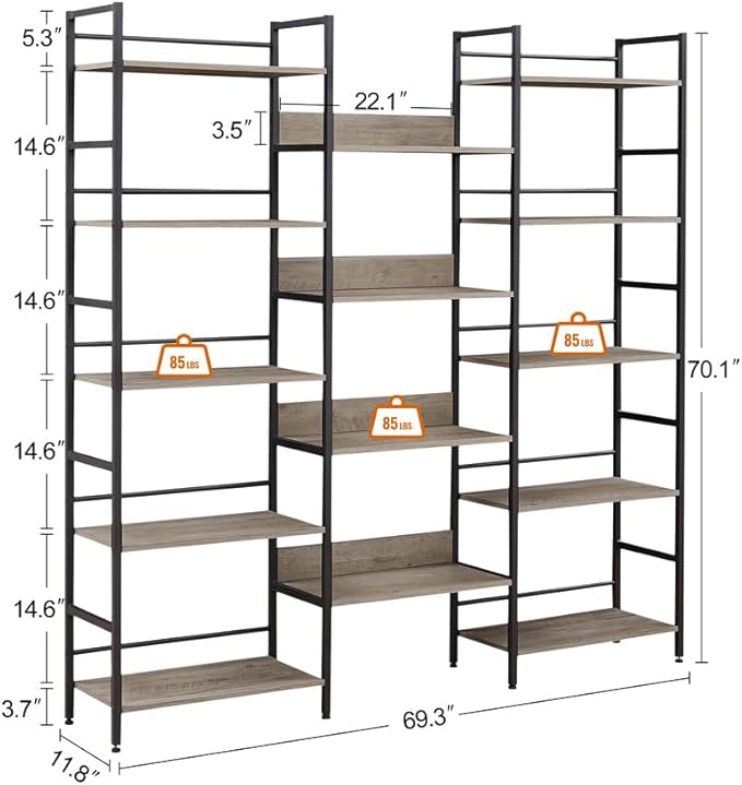 SKYXIU Triple Wide 5 Tier Bookshelf,Rustic Industrial Style Bookcases and Bookshelves with 14 Open Display Shelves,Large Open Bookshelves for Home&Office