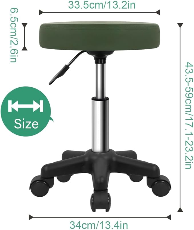 FURWOO Round Rolling Stool Height Adjustable Stool with Wheels for Spa Salon Massage Green