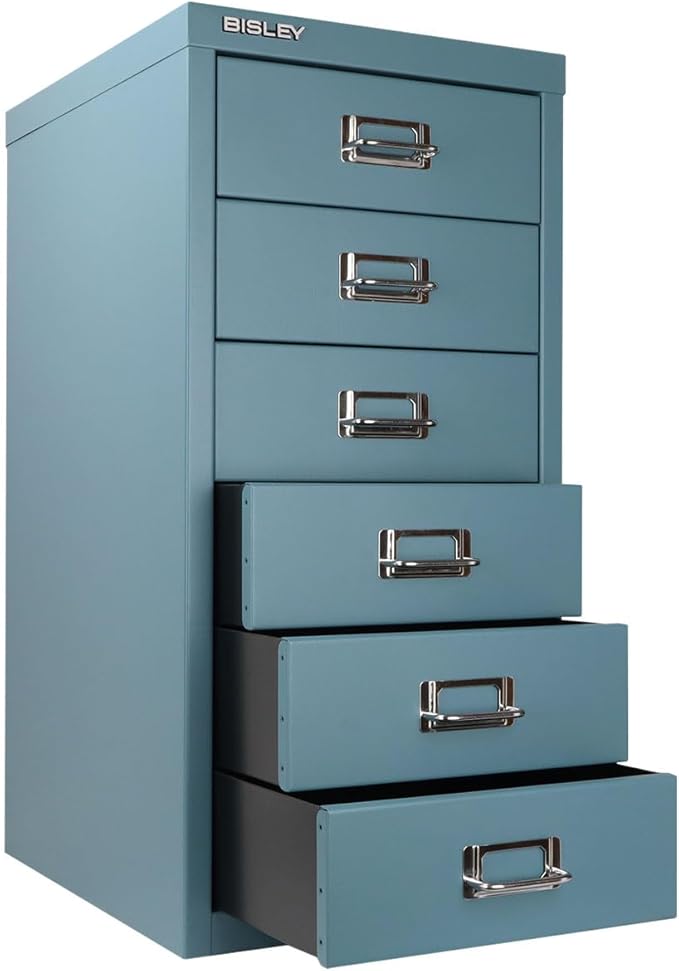 Bisley 6-Drawer Steel MultiDrawer Cabinet - Doulton Blue, Chrome Pull Handles with Label Holders, Powder-Coated Steel, Removable Drawers, Fits Under Most Desks, Labels Included