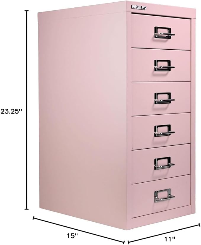Bisley 6-Drawer Steel MultiDrawer Cabinet - Palest Pink, Chrome Pull Handles with Label Holders, Powder-Coated Steel, Removable Drawers, Fits Under Most Desks, Labels Included
