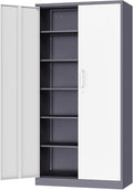 Fesbos Metal Cabinet Steel Storage Cabinet - 71” Tall Steel File Cabinets with Lockable Doors and 5 Adjustable Shelves Gray&White Storage Cabinets for Home, School, Office, Garage