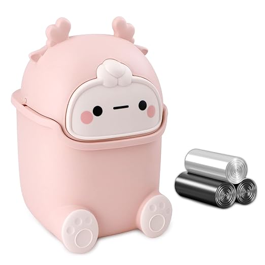 Cute Desktop Trash Can Wastebasket with 90 Trash Bags, Creative Tiny Countertop Garbage Can with Flip Lid, Small Plastic, Pink