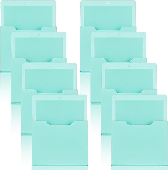 Gilprop 8 Pack Magnetic File Paper Holder High Design Pocket Magnetic Wall File Organizer Hanging Refrigerator Magazine Mail Letters Paper Holder for Teacher Office Supplies(Mint Green,Classic)