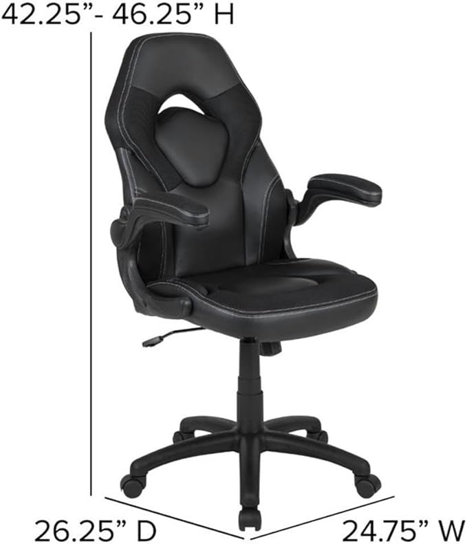 BOWERY HILL 2 Piece Gaming Desk Set with Monitor Stand, Black Laminate Finish, Ergonomic High Back Chair with Flip-Up Arms, Cable Management, Cup Holder, Contemporary Design for Home Office or Gaming