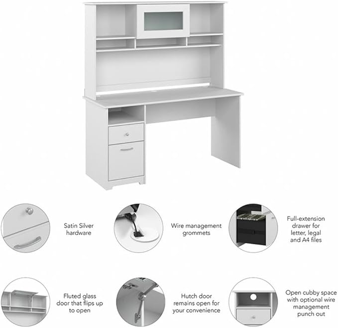 Bush Furniture Cabot 60W Single Pedestal Desk and Hutch, White