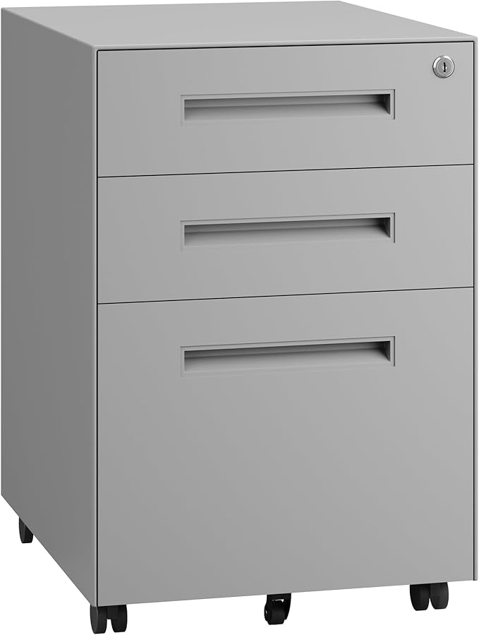 Dripex 3 Drawer Grey File Cabinet, Mobile Under Desk Storage File Cabinet with Lock on Wheels, Fully Assembled, Letter/Legal Size, Small Short Vertical Metal Rolling Filing Cabinets for Home Office