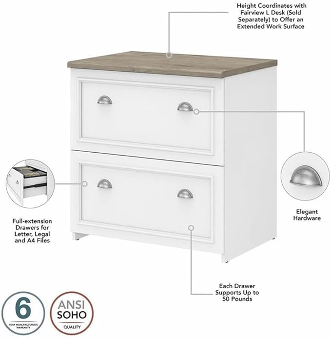 Pemberly Row 60W L Shaped Desk with Storage, Lateral File Cabinet & 5 Shelf Bookcase, Engineered Wood, Pure White with Shiplap Gray Finish, Modern Farmhouse Style Home Office Furniture Set