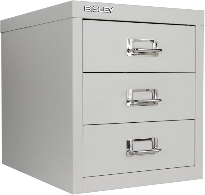 Bisley 3-Drawer Steel MultiDrawer Cabinet - Light Grey, Chrome Pull Handles with Label Holders, Powder-Coated Steel, Removable Drawers, Desktop Storage, Labels Included