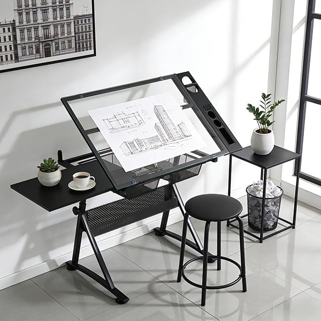 Magshion Professional Drafting Table for Teens w/Stool, Tilting GlassTabletop & Adjustable Height, Art Craft Desk Watercolor Paintings Sketching Work Station for Studio Home Office School (Clear)