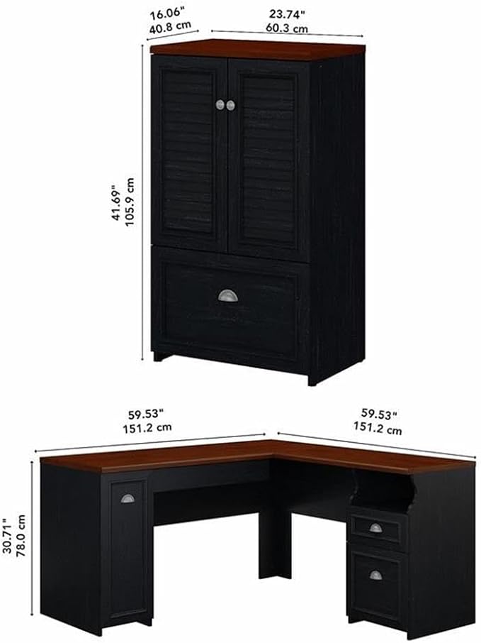 Bush Furniture Fairview 60W L Shaped Desk and 2 Door Storage Cabinet with File Drawer in Antique Black and Hansen Cherry