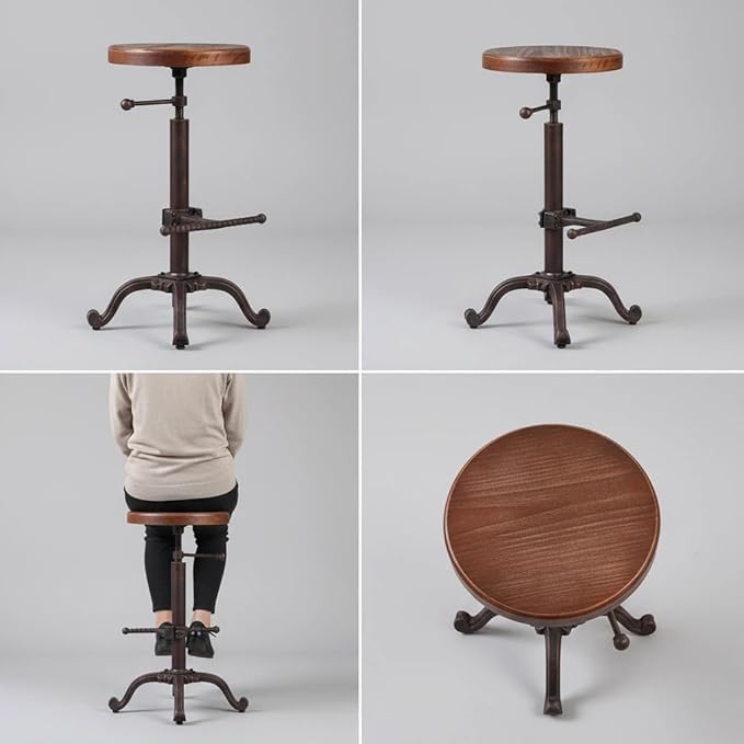 Topower Industrial Retro Vintage Farm Wooden Tractor Stool Kitchen Swivel Height Adjustable Bar Stool (Copper)