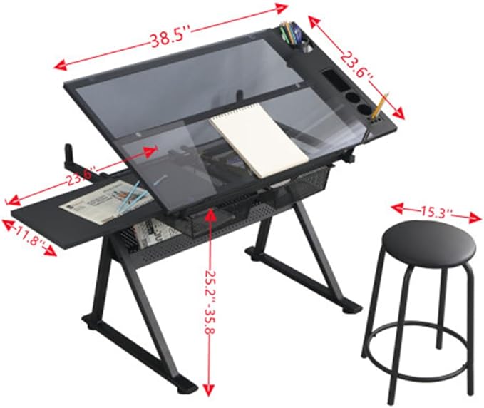 Drafting Table w/Stool, Height Adjustable Drawing Table, Multifunctional Art Craft Paintings Work Station w/2 Storage Drawers Artists Desk Tilting Glass Tabletop for Home Office Black