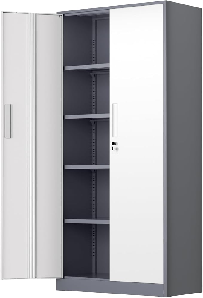 SUNCROWN 72" Metal Storage Cabinet - Heavy-Duty Metal Garage Cabinet with 4 Adjustable Shelves & 2 Doors for Tools, Office, Home, Workshop,Grey & White-Small