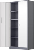 SUNCROWN 72" Metal Storage Cabinet - Heavy-Duty Metal Garage Cabinet with 4 Adjustable Shelves & 2 Doors for Tools, Office, Home, Workshop,Grey & White-Small