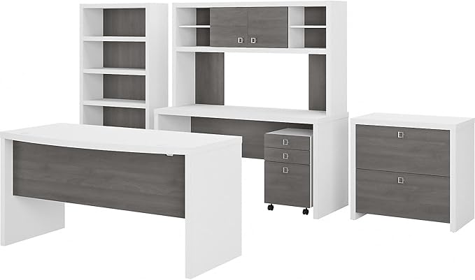 Bush Business Furniture Office by Kathy Ireland® Echo Bow Front Desk, Credenza with Hutch, Bookcase and File Cabinets in Pure White and Modern Gray