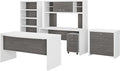 Bush Business Furniture Office by Kathy Ireland® Echo Bow Front Desk, Credenza with Hutch, Bookcase and File Cabinets in Pure White and Modern Gray