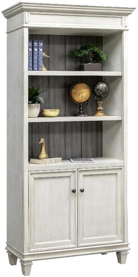 BOWERY HILL Set of 2 Double Pedestal Desk and Bookcase with Doors in White