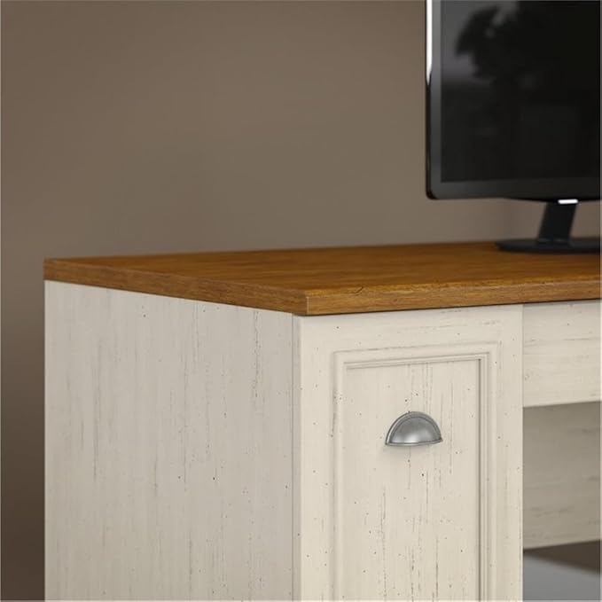 Bush Furniture Fairview 60W L Shaped Desk and 2 Door Storage Cabinet with File Drawer in Antique White and Tea Maple