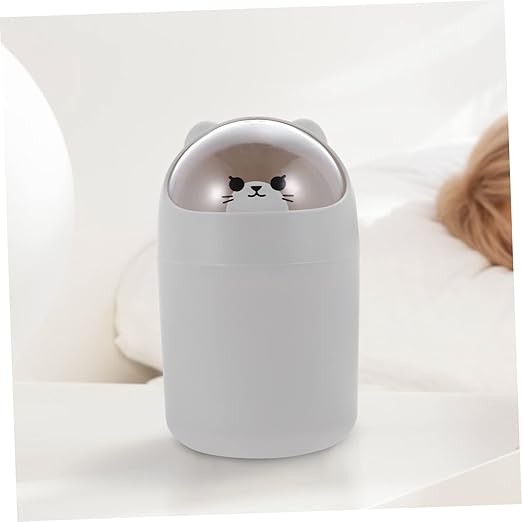 Alipis Cute Cartoon Bear Desktop Trash Can Lid Mini Waste Bin for Bedroom and Office Slim Plastic Garbage Container