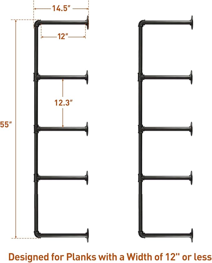 HITOMEN Industrial Iron Pipe Shelves, 2 Set 5-Tier, 55" Tall, 12" Depth, DIY Open Bookshelf Bookcase, Wall Mounted Vintage Retro Shelving, Rustic Farmhouse Pantry Kitchen Storage, Black Shelf Brackets