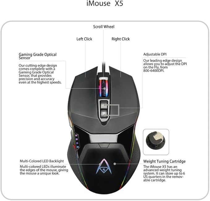 Adesso iMouse X5 USB RGB Illuminated Gaming Mouse – 7 Buttons, Adjustable Weight, 6 Level DPI Switch up to 6400, Optical Sensor, Ergonomic Design for Right-Handed Gamers, Multi-Color LED Backlight