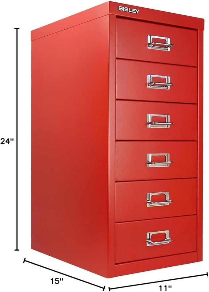 Bisley 6-Drawer Steel MultiDrawer Cabinet - Cardinal Red, Chrome Pull Handles with Label Holders, Powder-Coated Steel, Removable Drawers, Fits Under Most Desks, Labels Included