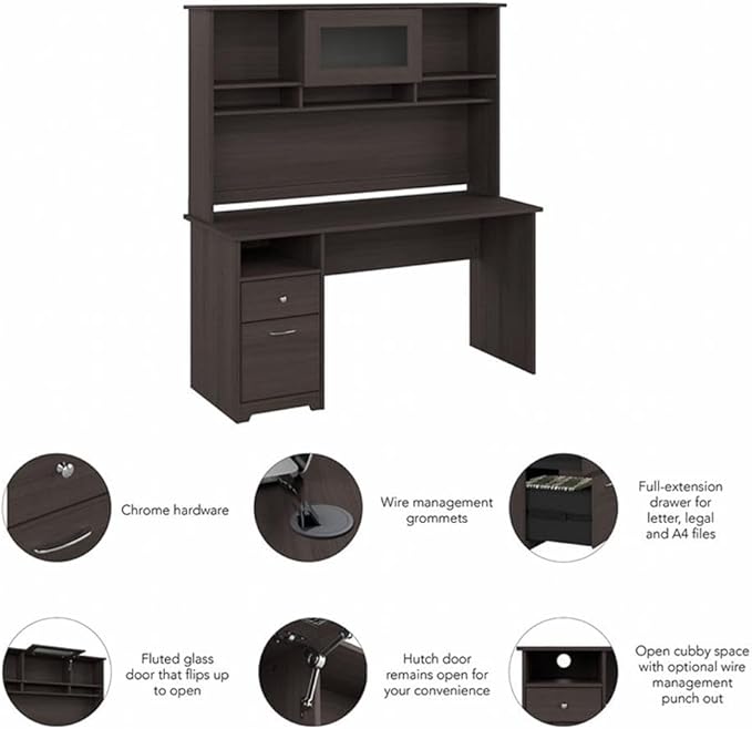Bush Furniture Cabot 60W Single Pedestal Desk and Hutch, Heather Gray