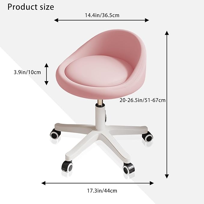 Swivel Rolling Stool with Wheels, Height Adjustable PU Leather Drafting Chair, Round Seat for Salon, Spa, Tattoo, Office, Home Use Pink Set of 2