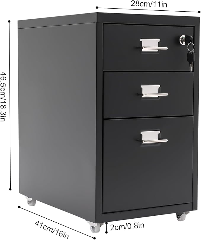 3 Drawer File Cabinet with Lock, Metal Vertical Filing Cabinets for Home Office Organizer Rolling File Cabinet with Lock and Wheels Under Desk Storage Cabinet (Black)