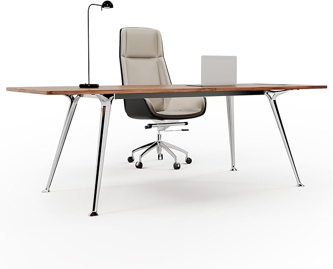 60-Inch Executive Desk, Computer Office Desk Workstation with Chrome-Plated Legs and Built-in Power Outlet, Writing Table Business Furniture, Modern Minimalist Style for Home Office, Walnut Brown