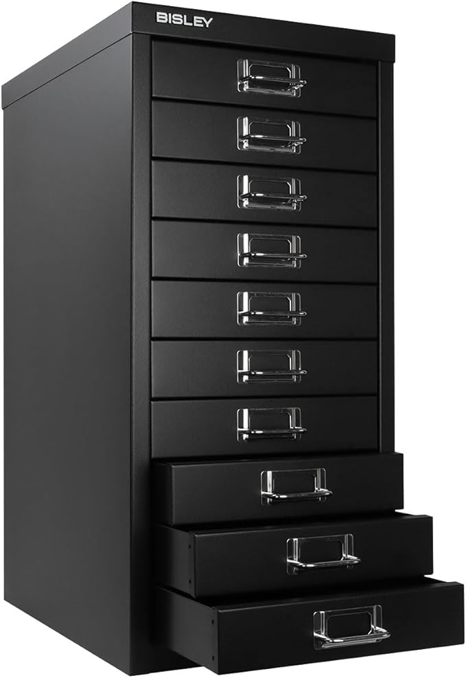 Bisley 10-Drawer Steel MultiDrawer Cabinet - Black, Chrome Pull Handles with Label Holders, Powder-Coated Steel, Removable Drawers, Fits Under Most Desks, Labels Included