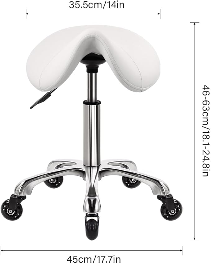 WKWKER Heavy Duty Saddle Rolling Stool with Wheels Hydraulic Swivel Adjustable Rolling Chair Ergonomic Thick Leather Seat Stool Chair for Kitchen Drafting Lab Office Salon Massage Chair – White