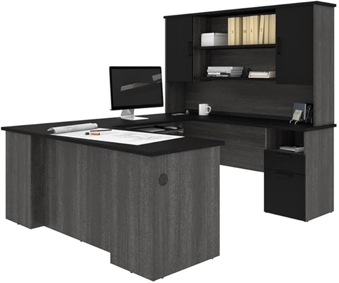 Atlin Designs U Shaped Computer Desk with Hutch, 71"W x 88.4"D x 70"H, Laminated Wood, Black/Bark Gray Finish, 2 Drawers, 3 Shelves, Reversible Office Desk with Wire Management for Home or Office Use