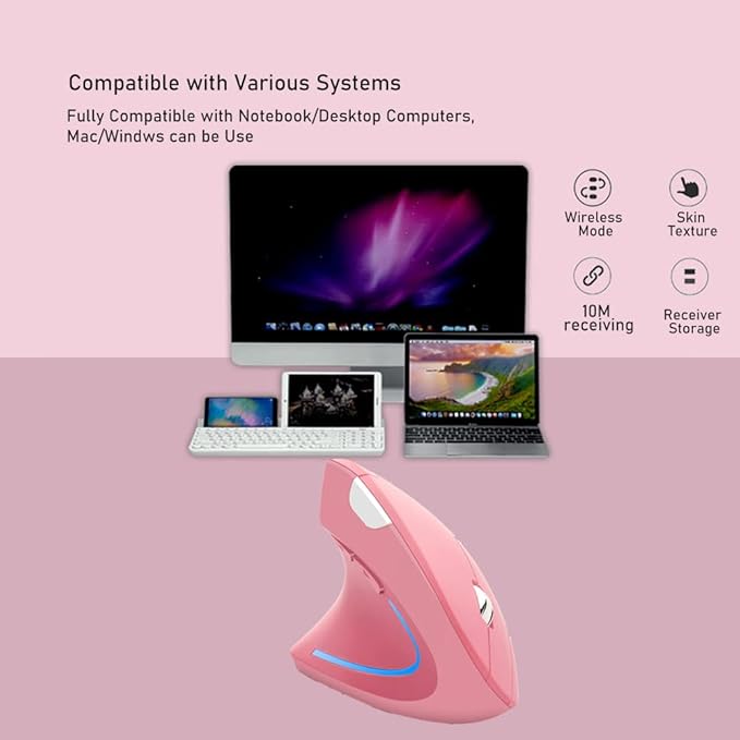 Wireless Mouse Ergonomic Vertical Mouse Ergo LED Light High Precision Optical Cordless Lightweight Mice Gift for Boy Girl Adults for PC Computer Laptop Mac Office,with Side Buttons, 800/1200/1600 DPI