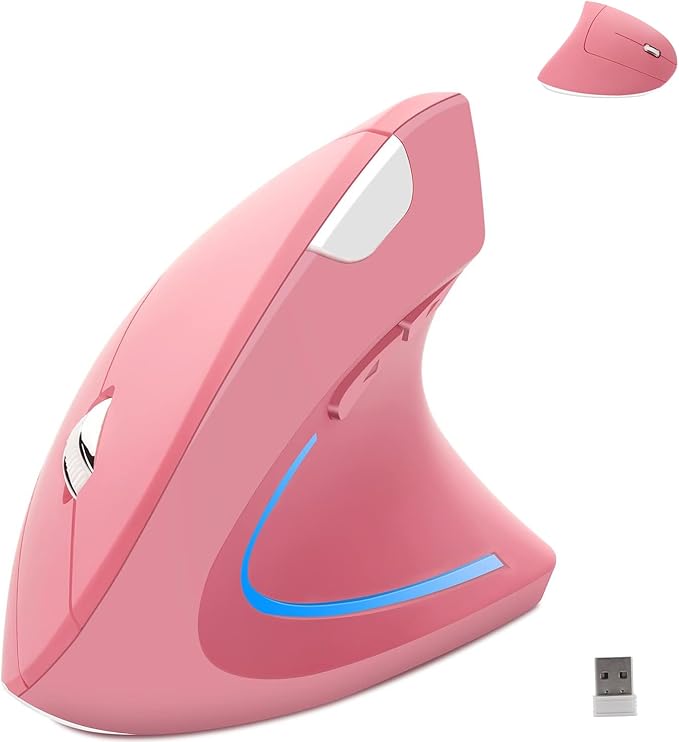 Wireless Mouse Ergonomic Vertical Ergo High Presion Optical Lightweight Cordless LED Light Large Cute Wireless Mouse for Laptop Computer Mac Office Girl Boy Adults Gift , 800/1200/1600 DPI, 6 Buttons