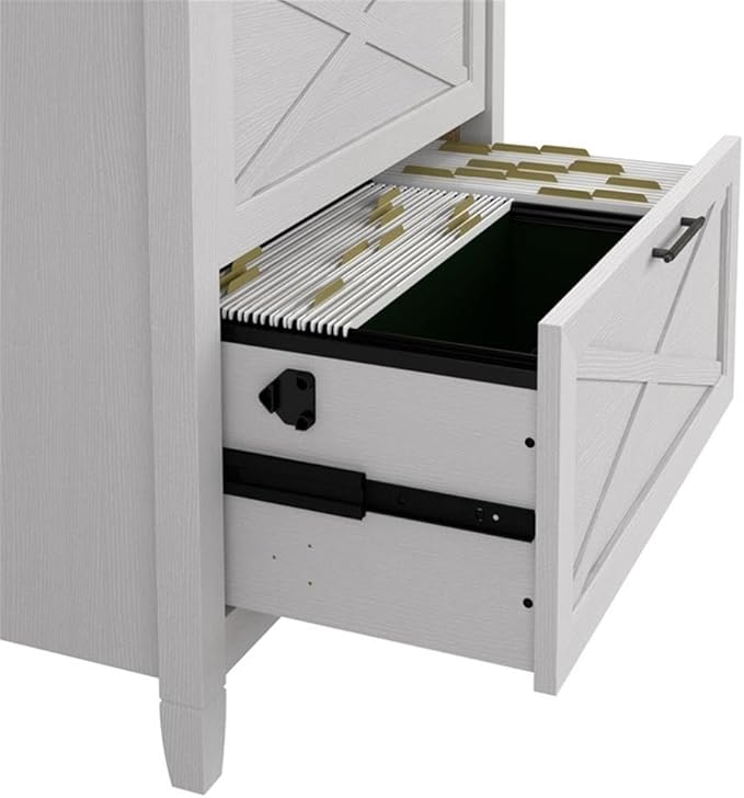 Bush Home Key West 60W L Shaped Desk with 2 Drawer Lateral File Cabinet in Pure White Oak, Large Corner Table and Document Storage for Home Office