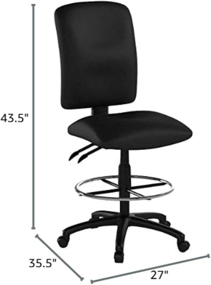 Black Fabric Drafting Stool Adjustable Height Swivel Pneumatic Gas Lift Chrome Footring Nylon Base Rolling Casters High Back Seat Compact Studio Task Seating Professional Workspace Stool