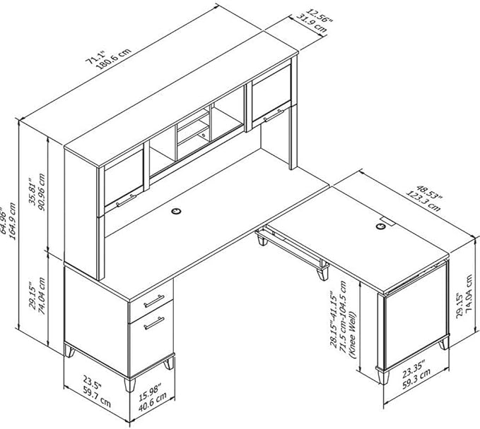 Pemberly Row 72W Sit to Stand L Shaped Desk with Hutch, Storm Gray Engineered Wood, Adjustable Heights 35-41 Inches, Frosted Glass Doors, Storage Shelves, Ergonomic Office Desk for Home or Workspace