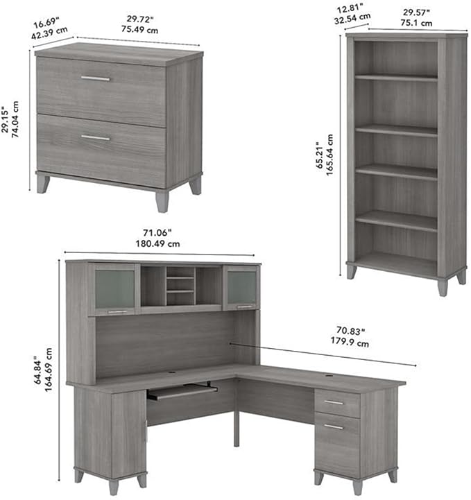 UrbanPro 72W L Shaped Desk Set with Hutch, Storage, File Cabinet & Bookcase, Engineered Wood in Gray, Pull-Out Tray, Frosted Glass Doors, Adjustable Shelves, Home Office Furniture