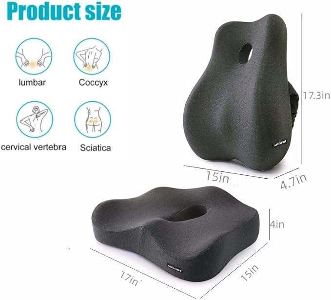 Seat Cushion and Lumbar Support Pillow for Office Chair, High-Elastic Memory Foam Car Chair Cushions, 4.7" Extra Thick Back Support for Long Sitting, Breathable Washable Cover(Dark Grey)