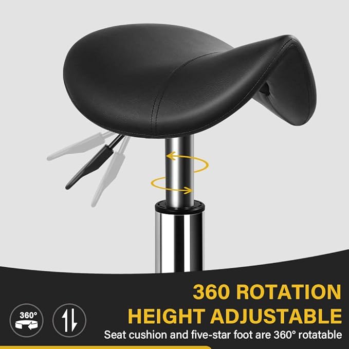 WKWKER Heavy Duty Saddle Rolling Stool with Wheels Hydraulic Swivel Adjustable Rolling Stool Ergonomic Thick Leather Seat Chair for Kitchen Drafting Lab Office Salon Massage – Black