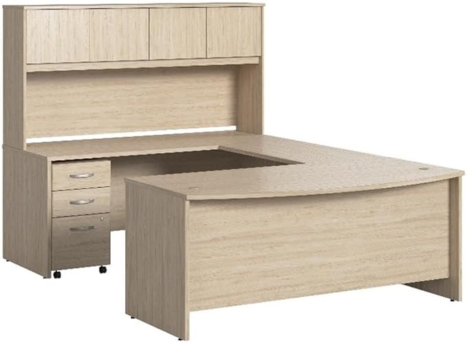 Bush Business Furniture Studio C 72W x 36D U Shaped Desk with Hutch and Mobile File Cabinet in Natural Elm, U Workstation Set for Home or Professional Office