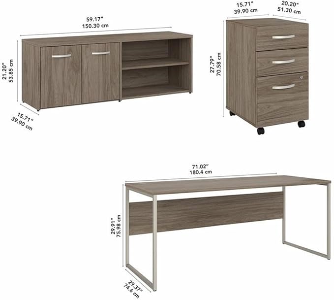 Pemberly Row Office Desk Bundle, 72W Engineered Wood Desk, Modern Hickory Finish, Includes Storage Cabinet with Shelves and 3-Drawer Mobile File Cabinet, Durable Workstation for Home or Office Use