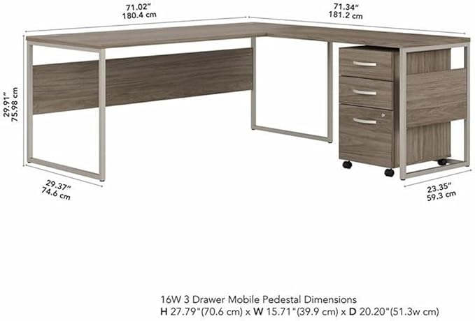 Bush Business Furniture Hybrid L Shaped Table Desk with Mobile File Cabinet, 72W x 30D, Modern Hickory