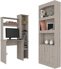 Pemberly Row Contemporary 2-Piece Engineered Wood Office Set, Light Gray Finish, Includes Aramis Desk with Hutch and Side Shelves, Dozza Bookcase with Cabinet and Display Tiers, Compact Home Office