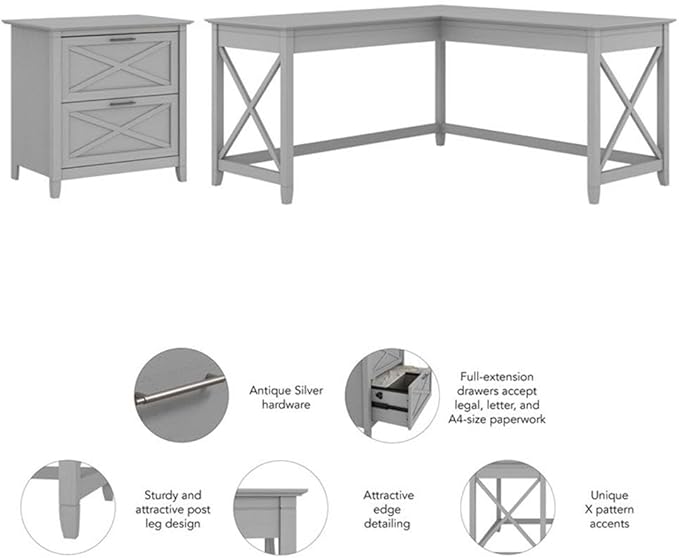 Pemberly Row 60W L Shaped Desk with Lateral File Cabinet, Engineered Wood, Cape Cod Gray Finish, 2 Drawers, Farmhouse Style Home Office Workstation with Storage
